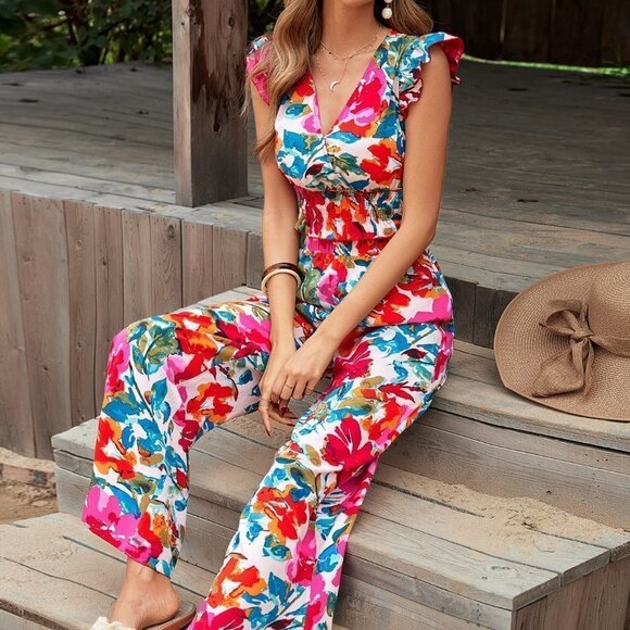 Multicolor Preppy Womens Floral Print Top & Wide Leg Pants - Picture 2 of 5